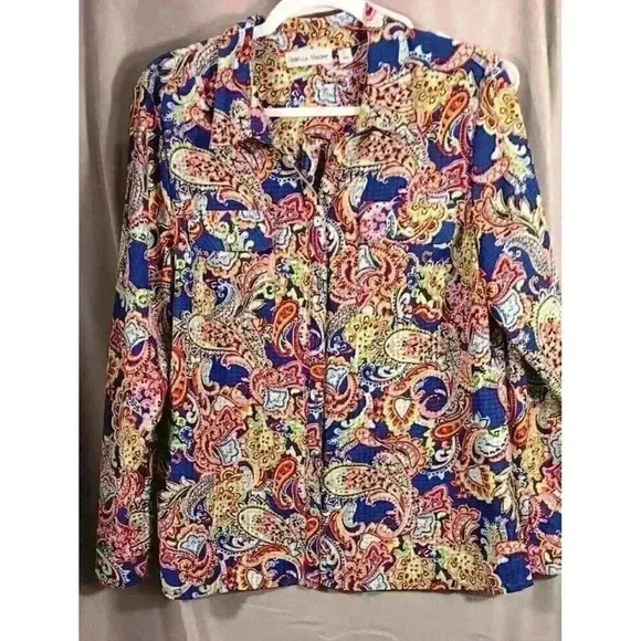 Rebecca Malone Button Up Shirt Womens Large Long Roll Tab Sleeves Vibrant Colors - Picture 1 of 8